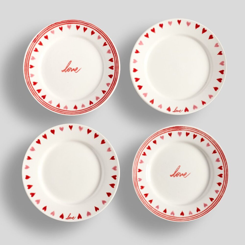 Pottery Barn Painted Hearts Stoneware Appetizer Plates - Mixed Set of 4
